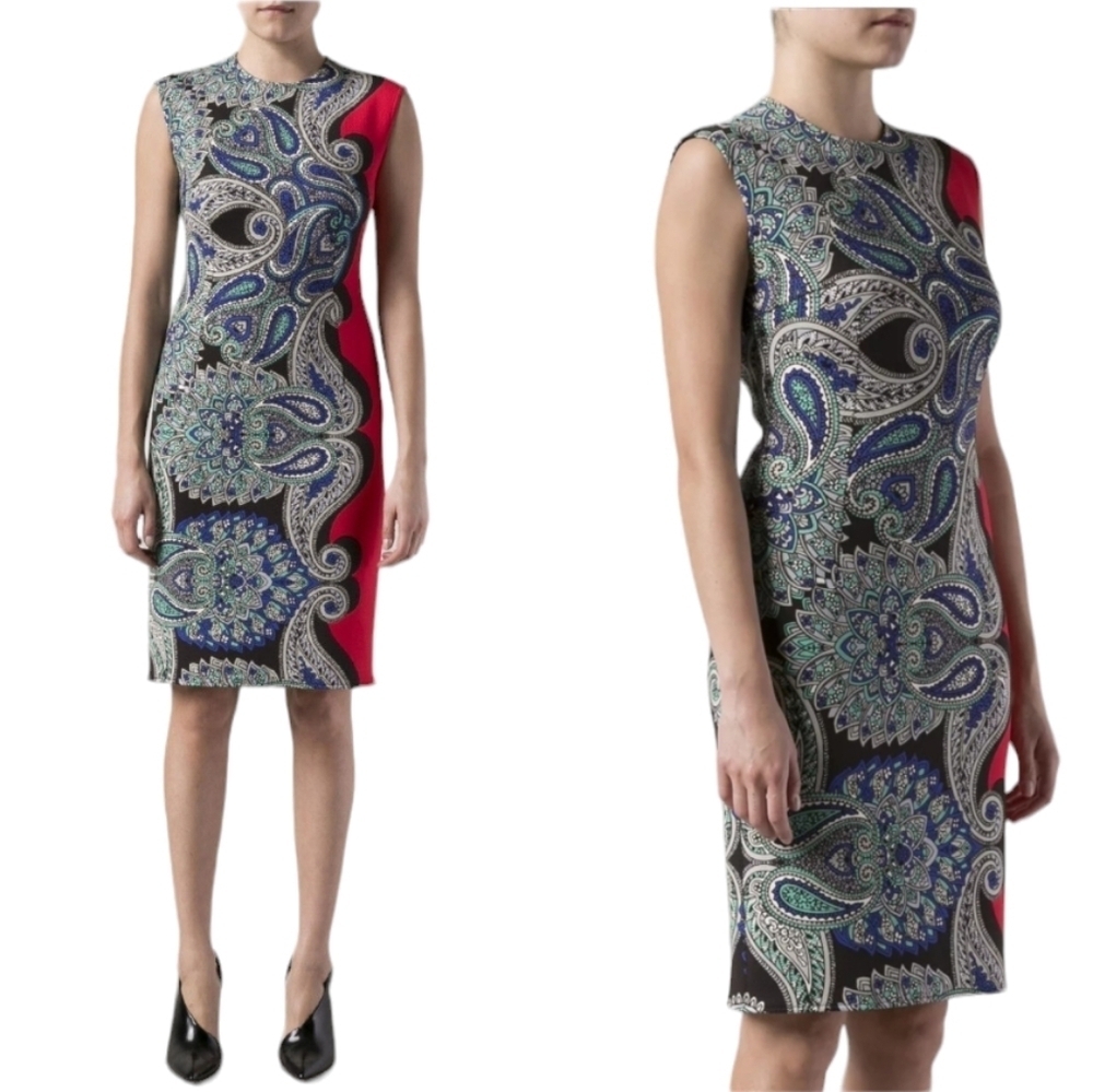 LANVIN Blue Red Paisley Sheath Dress Sz 38/6 Cap-Sleeve Knee Length Designer